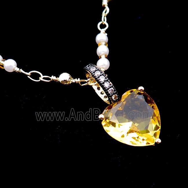Copper Necklace Golden Heart Crystal Glass Pearlized Plastic Gold Plated