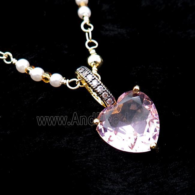 Copper Necklace Pink Heart Crystal Glass Pearlized Plastic Gold Plated