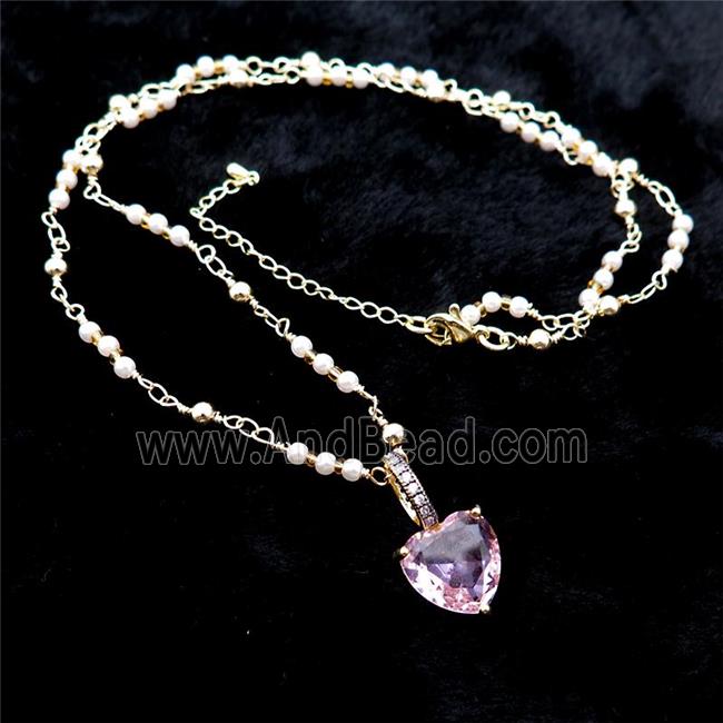 Copper Necklace Pink Heart Crystal Glass Pearlized Plastic Gold Plated