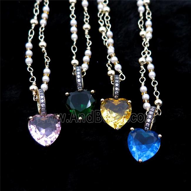 Copper Necklace Heart Crystal Glass Pearlized Plastic Gold Plated Mixed