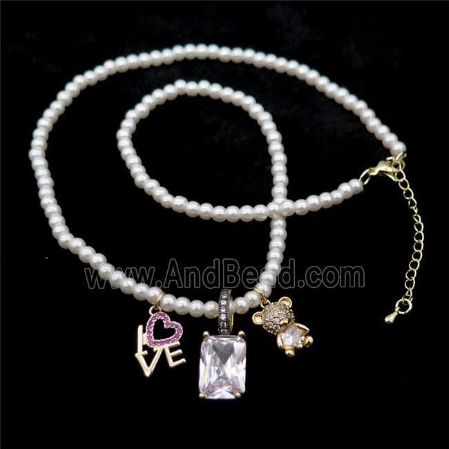 White Pearlized Plastic Necklace With LOVE Bear Crystal Glass