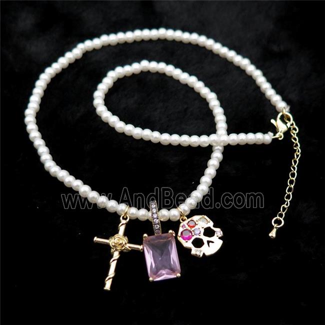 White Pearlized Plastic Necklace With Cross Skull Crystal Glass