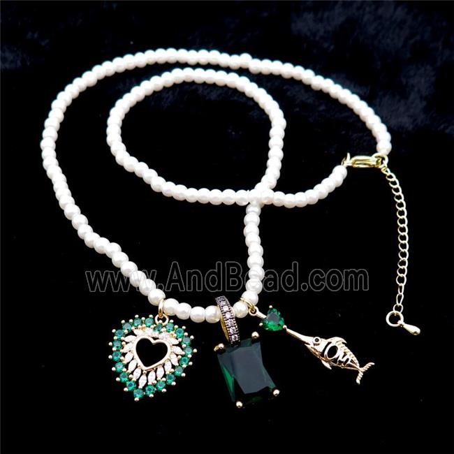 White Pearlized Plastic Necklace With Heart Fish Crystal Glass