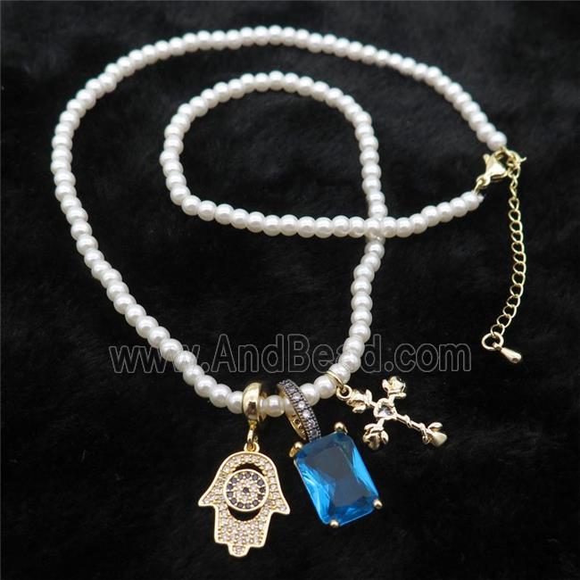 White Pearlized Plastic Necklace With Hamsahand Cross Crystal Glass