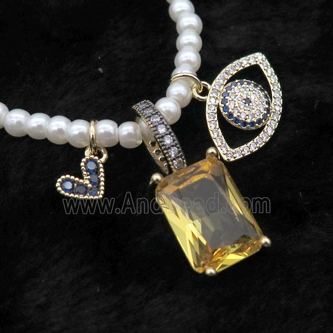 White Pearlized Plastic Necklace With Heart Eye Crystal Glass