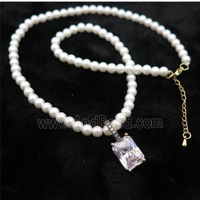White Pearlized Plastic Necklace Pave Clear Crystal Glass Rectangle