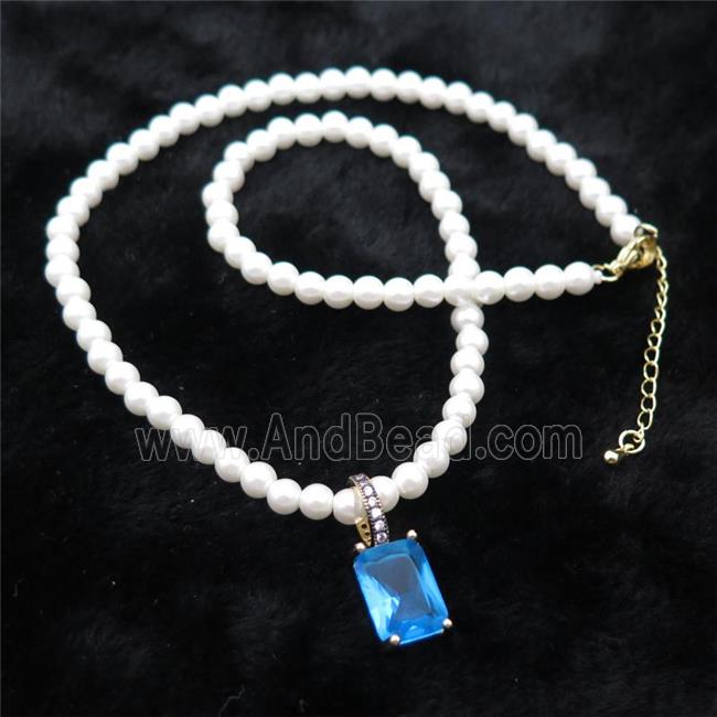 White Pearlized Plastic Necklace Pave Blue Crystal Glass Rectangle