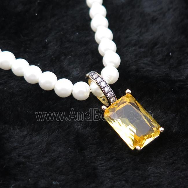 White Pearlized Plastic Necklace Pave Golden Crystal Glass Rectangle