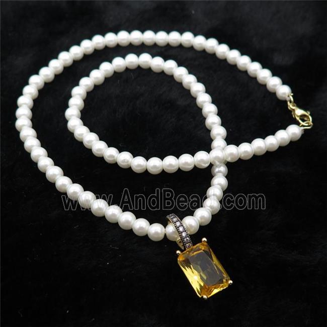 White Pearlized Plastic Necklace Pave Golden Crystal Glass Rectangle