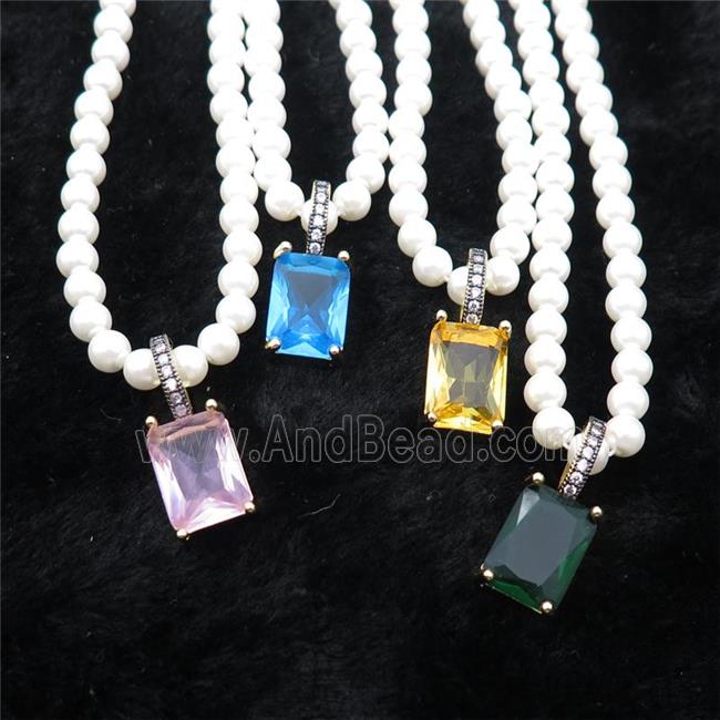 White Pearlized Plastic Necklace Pave Crystal Glass Rectangle Mixed