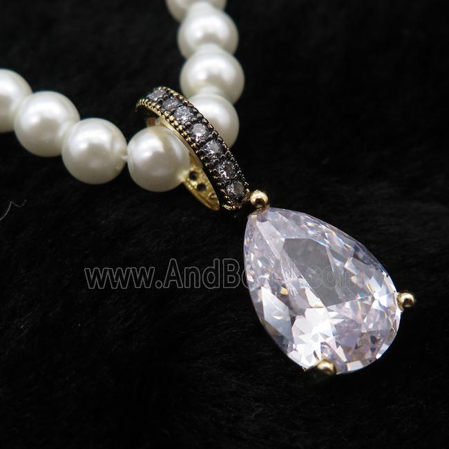 White Pearlized Plastic Necklace Pave Clear Crystal Glass Teardrop