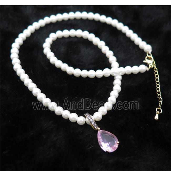 White Pearlized Plastic Necklace Pave Pink Crystal Glass Teardrop