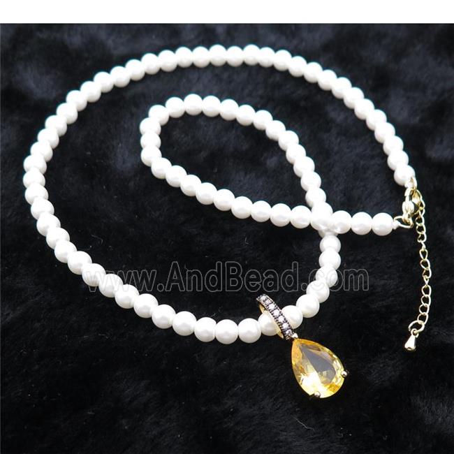 White Pearlized Plastic Necklace Pave Golden Crystal Glass Teardrop