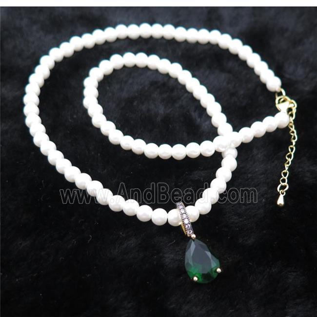 White Pearlized Plastic Necklace Pave Green Crystal Glass Teardrop