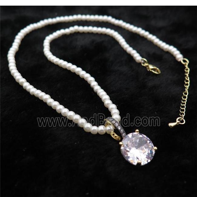 White Pearlized Plastic Necklace Pave Clear Crystal Glass Circle