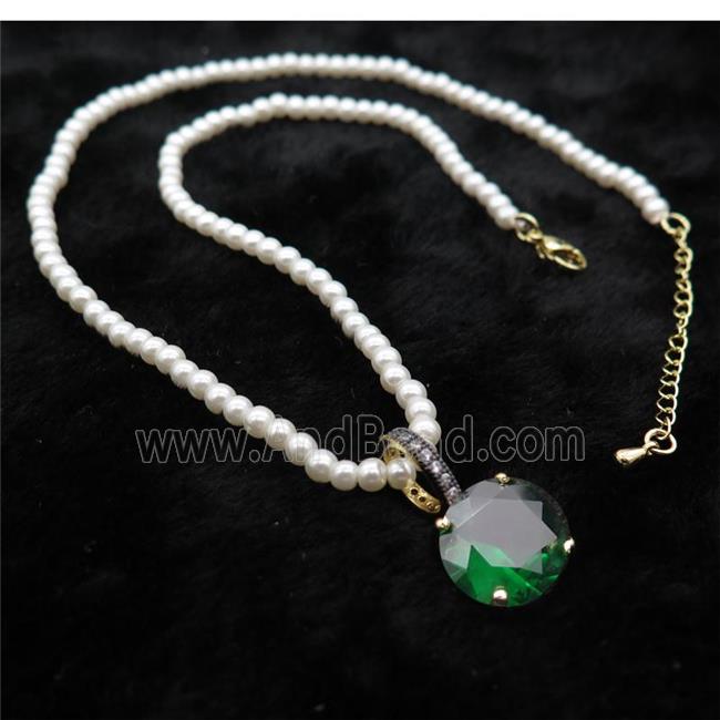White Pearlized Plastic Necklace Pave Green Crystal Glass Circle