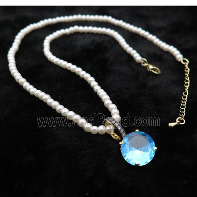 White Pearlized Plastic Necklace Pave Blue Crystal Glass Circle