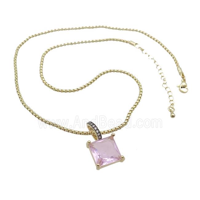 Copper Necklace With Pink Crystal Glass Square Gold Plated
