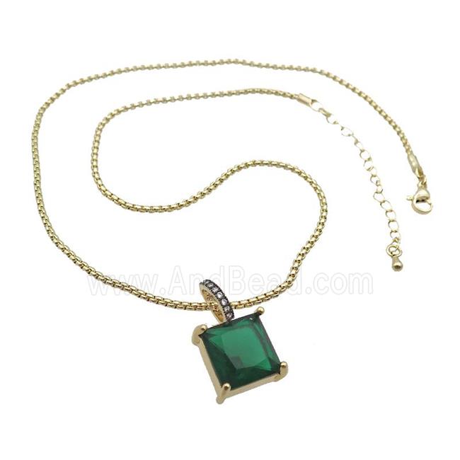 Copper Necklace With Green Crystal Glass Square Gold Plated