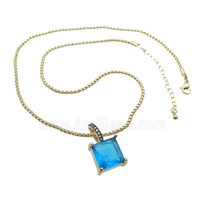 Copper Necklace With Blue Crystal Glass Square Gold Plated