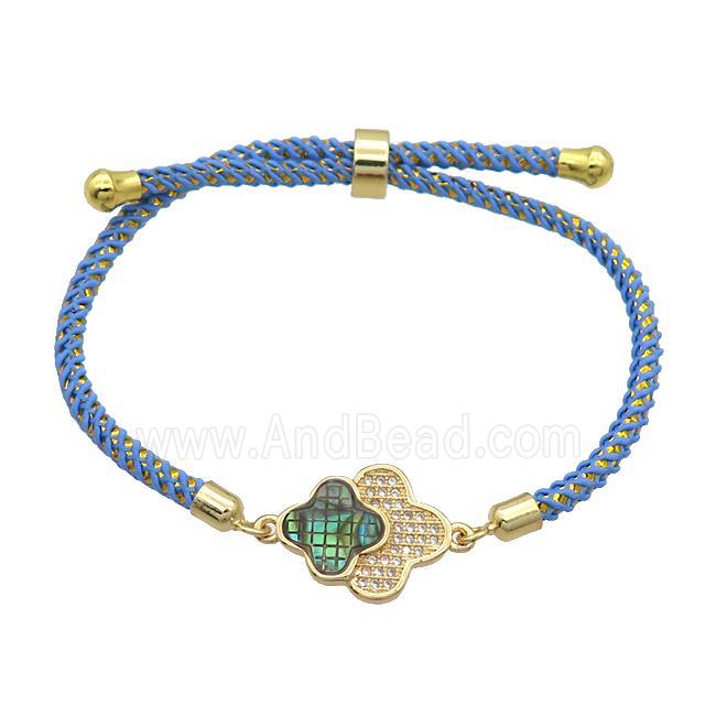 Blue Nylon Bracelet Copper Clover Pave Zircon Adjustable Gold Plated