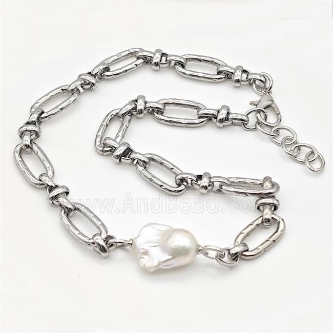 Copper Necklace With Baroque Style Pearl Platinum Plated