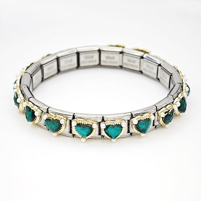Stainless Steel Module Bracelet Heart Pave Green Crystal Glass