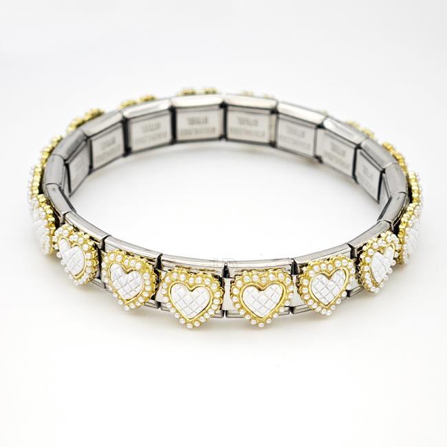 Stainless Steel Module Bracelet Heart Pave Pearlized Resin