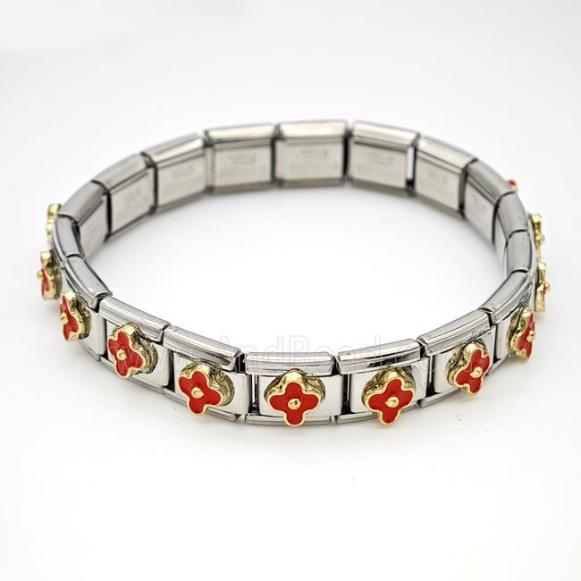 Stainless Steel Module Bracelet Clover Red Enamel
