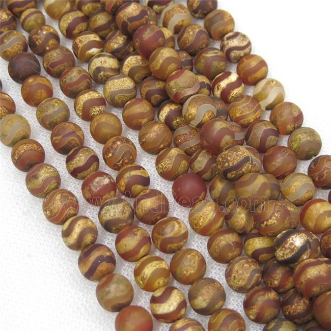round matte tibetan agate beads, wave, antique red