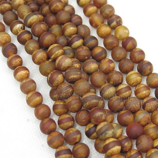 round matte Tibetan Agate beads, line, antique red