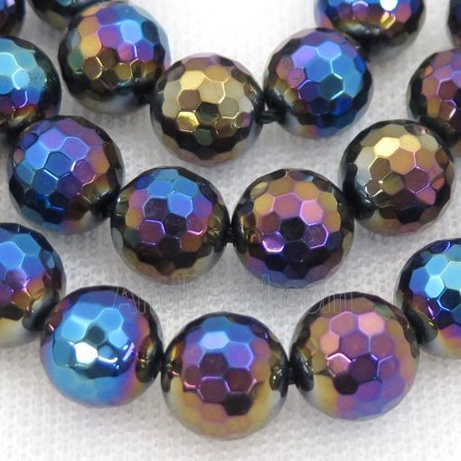 Natural Black Agate Beads Faceted Round Rainbow Electroplated