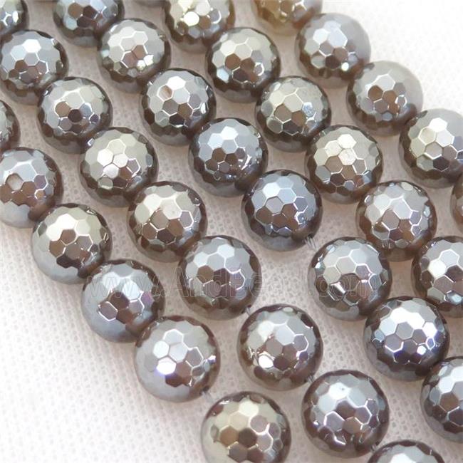 gray agate beads, faceted round, electroplated