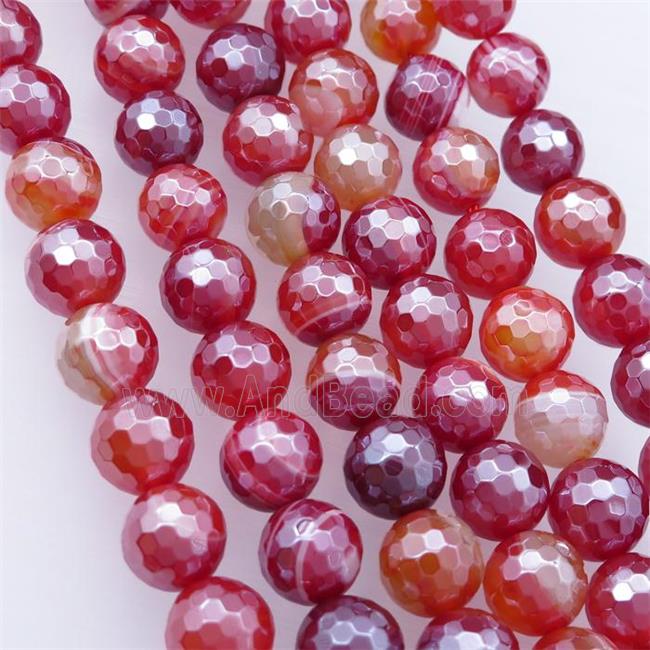 Natural Striped Agate Beads Banded Red Dye Faceted Round Electroplated