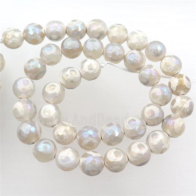 faceted round Tibetan Agate beads, white, eye, AB color electroplated