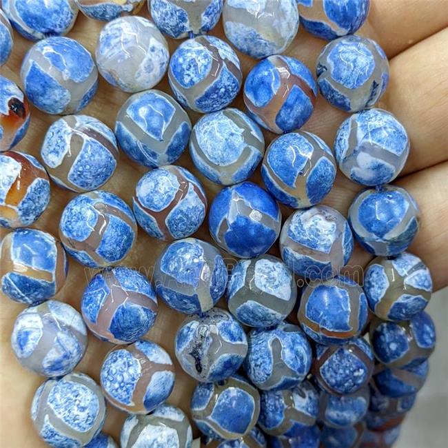 Tibetan Agate Beads Faceted Round Blue Dye B-Grade