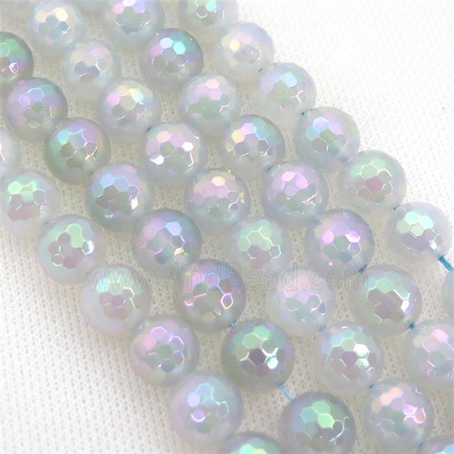 white Agate Beads, faceted round, AB-color electroplated