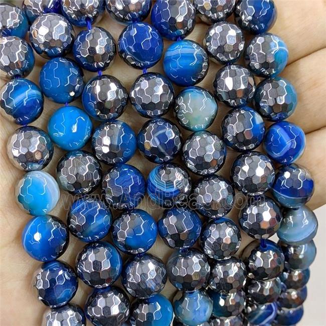 blue striped Agate Beads, half silver electroplated
