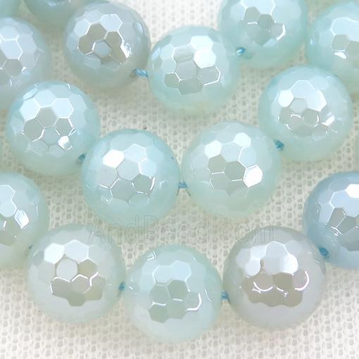 lt.aqua Agate Beads, faceted round, light electroplated