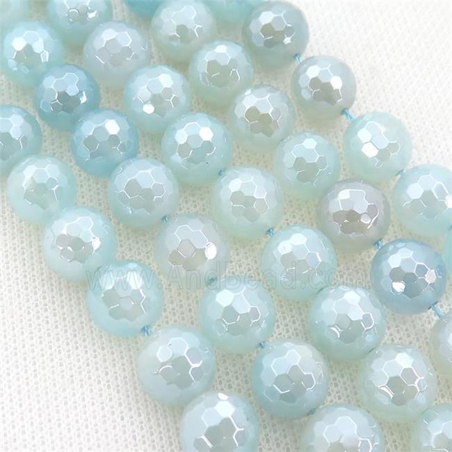 lt.aqua Agate Beads, faceted round, light electroplated
