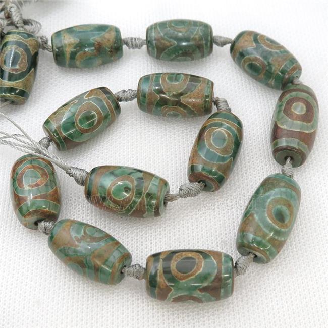 green Tibetan Agate barrel beads, evil eye