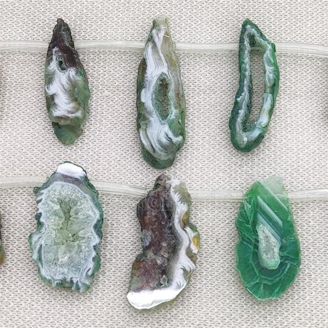 green Agate Geode Druzy slice beads, top-drilled