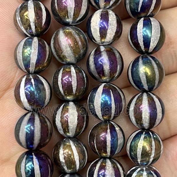 round Tibetan Agate Beads, pumpkin, rainbow electroplated