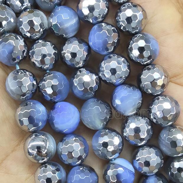 Blue Stripe Agate Beads Faceted Round Half Silver Plated