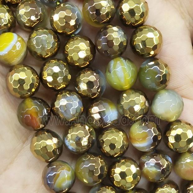 Yellow Stripe Agate Beads Faceted Round Half Gold Plated