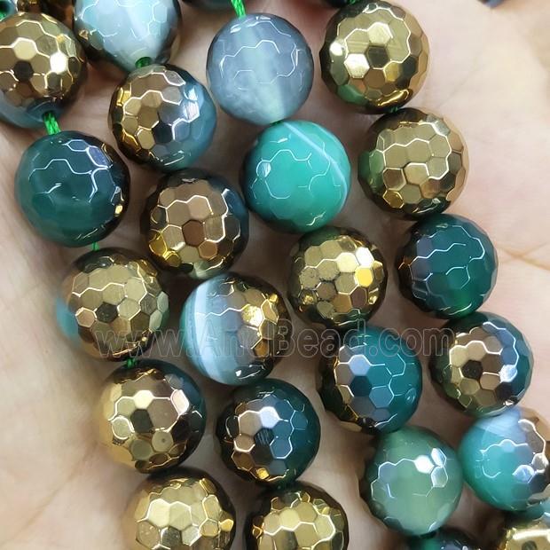 Green Stripe Agate Beads Faceted Round Half Gold Plated