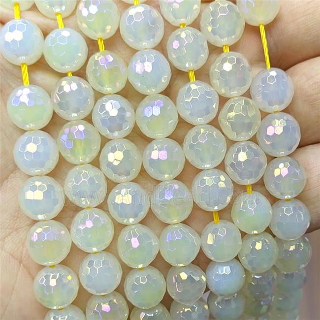 Natural White Agate Beads Faceted Round Yellow Dye AB-Color Electroplated
