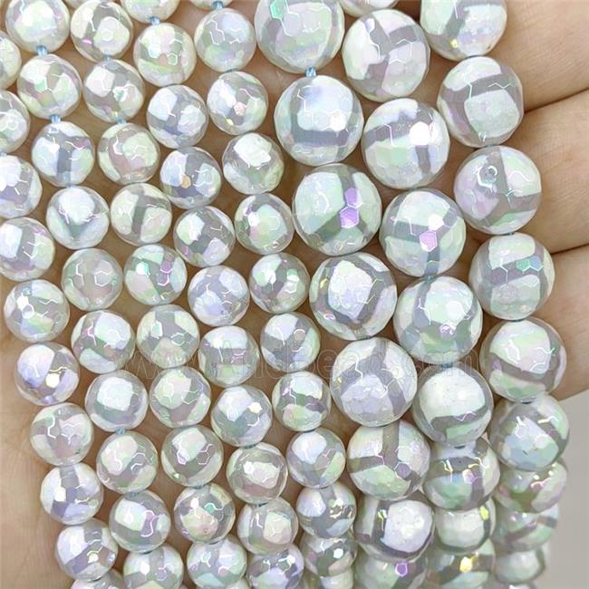White Tibetan Agate Beads Football Faceted Round AB-Color Electroplated