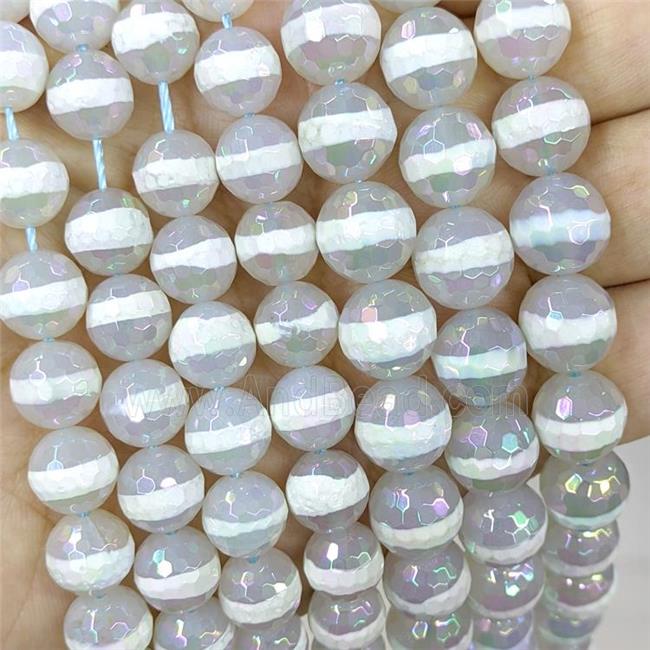 White Tibetan Agate Beads Line Faceted Round AB-Color Electroplated