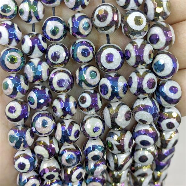 Black Tibetan Agate Beads Evil Eye Faceted Round Rainbow Electroplated
